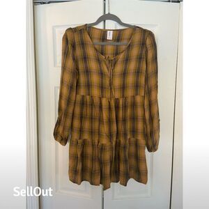 Abound XS Brown Plaid Long Sleeve Babydoll Mini Dress Casual